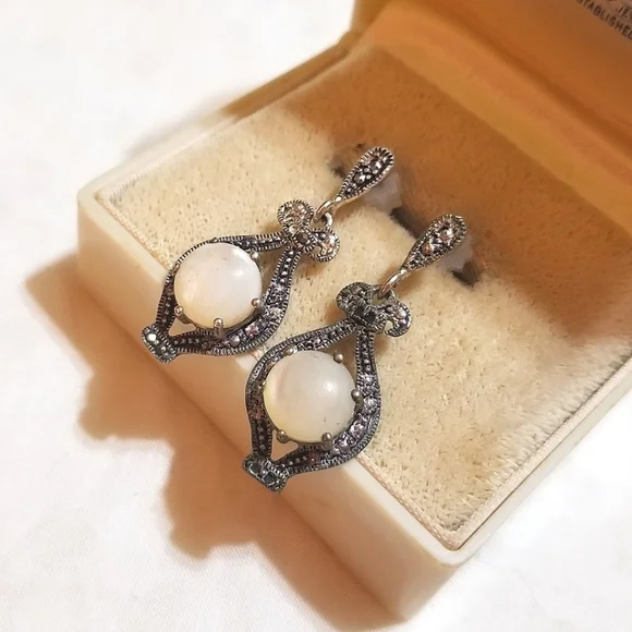 1920S Art Deco Mother of Pearl Marcasite Sterling Earrings - Picture 2 of 6
